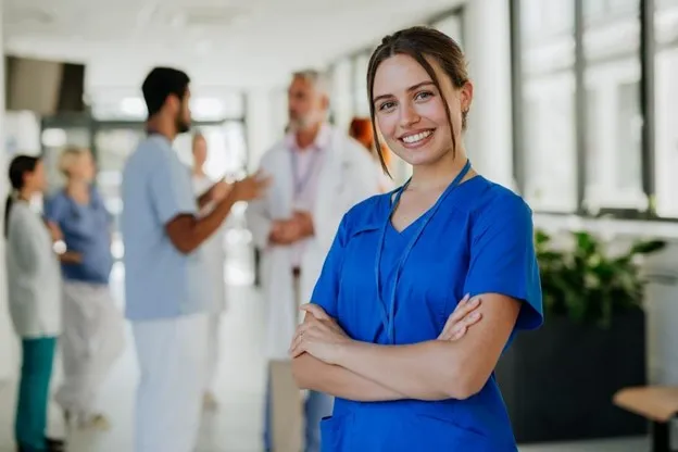 Smiling Nurse Leader in a Hospital Corridor.