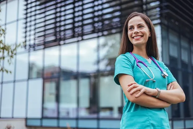 Nurse Manager Standing in Front of a Healthcare Facility.